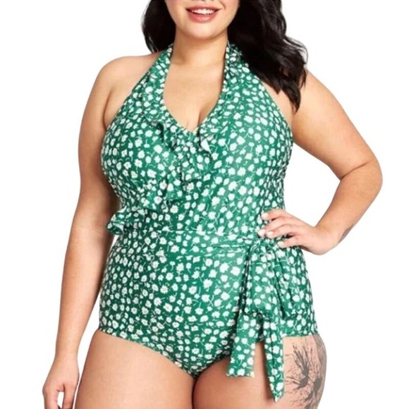 NWOT Modcloth Green One Piece Ditzy Daisies Floral Halter Ruffle Swimsuit Size L - Picture 1 of 11